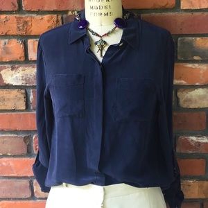 Ann Taylor Petite Navy Blue Silk Blouse Small